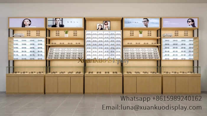 sunglasses shop furniture gold backlit wall showcase