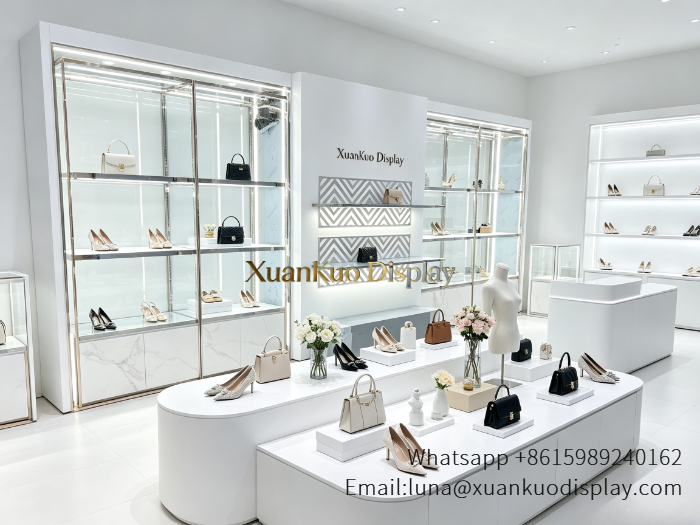 Luxury Bag Showcase Illuminated Glass Display Cabinet For Designer Handbag & Footwear Boutique