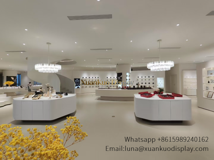 white circular two layer perfume display island luxury fragrance boutique central stand
