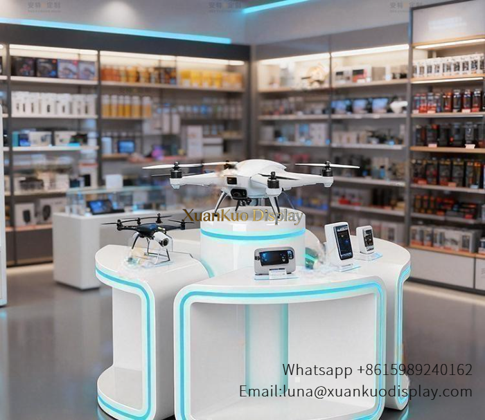 jewellery shop interior design Vietnam white curved led modular electronics display island drone gaming retail table (2)