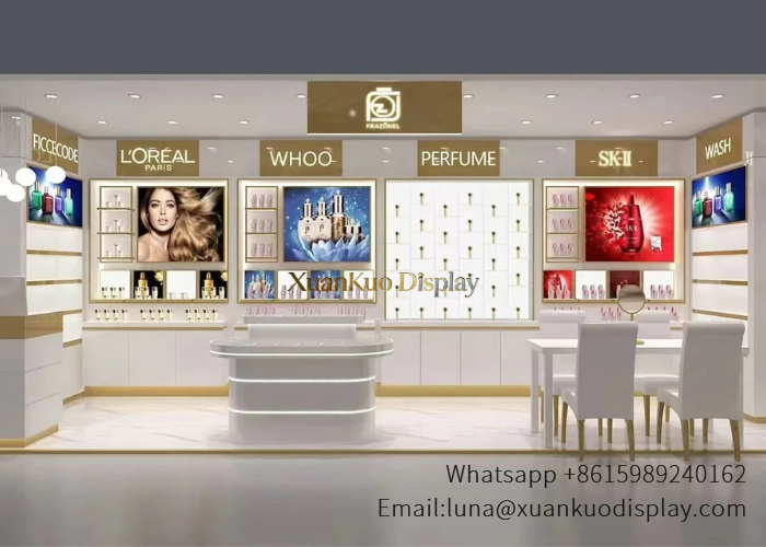 Cosmetic Store Design White Gold Multi-Brand Partition Display Fixture For Mall Beauty Retail Shop