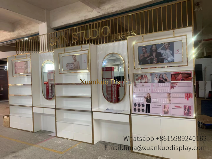 glass jewellery display cabinets white gold customized skincare display wall arched mirror cosmetic boutique