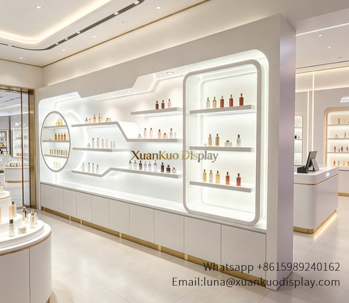 jewellery shop interior design Vietnam white gold led recess skincare store design irregular layer shelf display wall with storage cabinet