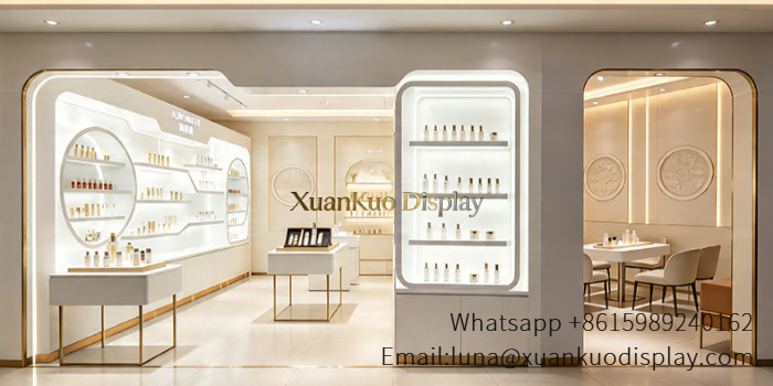 glass jewellery display cabinets white gold led skincare display wall furniture for luxury beauty boutique