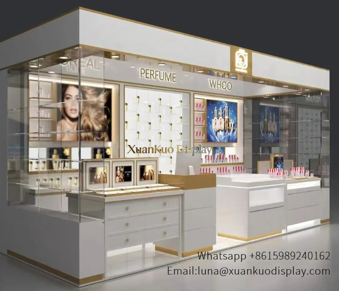 white gold multi brand cosmetic store display wall furniture for mall boutique