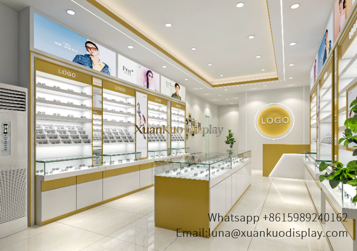 Sunglasses Shop Furniture White Gold Backlit Glass Display Fixture For Fashion Optical Boutique