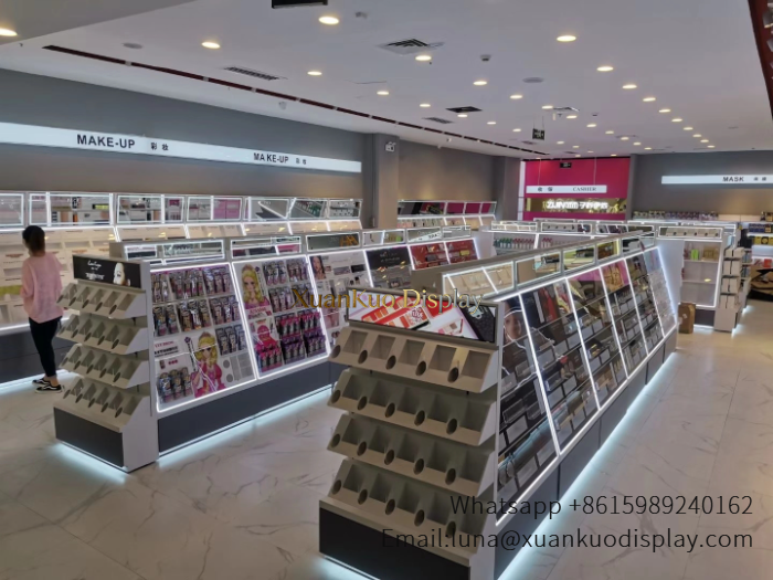 Cosmetic Shop Design White Grey LED Full Makeup Display Fixture For Multi-Zone Beauty Retail Boutique