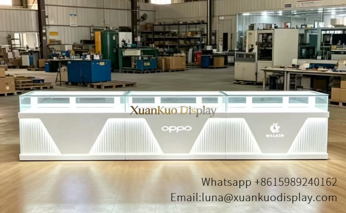 Cell Phone Display Showcase Modern White LED Lit Glass Top
