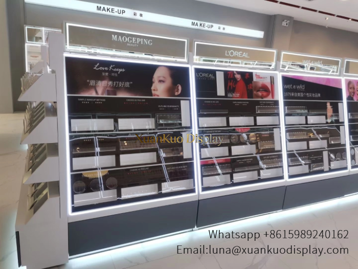 Makeup Display LED Backlit Grid Wall Showcase For Cosmetic Retail Boutique