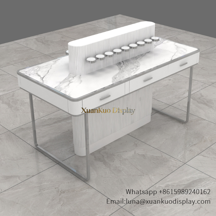 Perfume Tester Display Table Marble Silver Metal Fragrance Trial Demo Counter For Perfume Retail Boutique