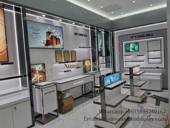 Cosmetic Shop Furniture LED Silver Metal Full Wall & Floor Display Fixture Set For Skincare Beauty Retail Boutique