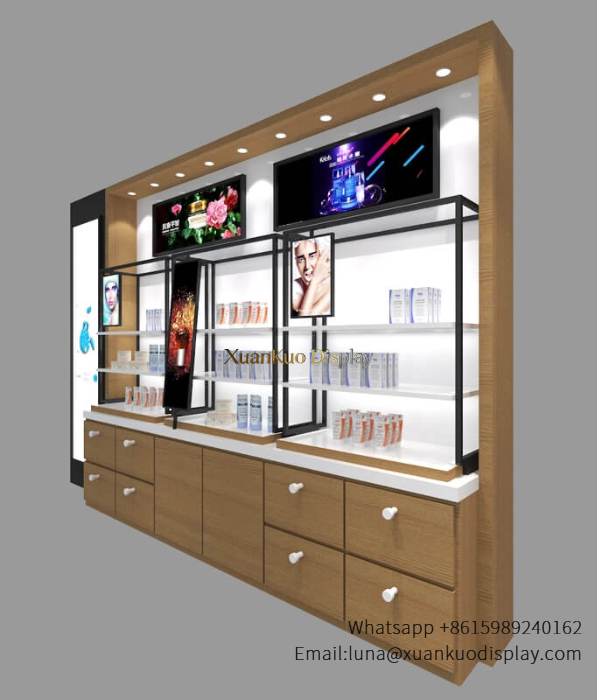 glass jewellery display cabinets wood led skincare display case metal frame wall showcase beauty store