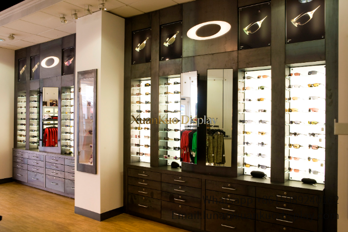 Wooden Optical Shop Cabinet Dark Wood Slotted Eyewear Wall Showcase With Drawer Storage Base wood optical shop cabinet three partition slotted eyewear display multi drawer storage base