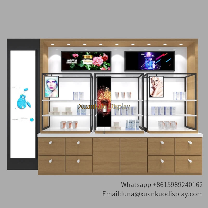 Skincare Display Case Wood Tone Metal Frame Wall Showcase For Cosmetic Retail Boutique wood tone black metal skincare display case with dual ad screens drawer storage cosmetic boutique