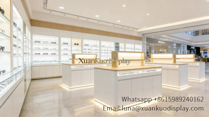 glass jewellery display cabinets wood white backlit optical shop interior display furniture for mall eyewear boutique