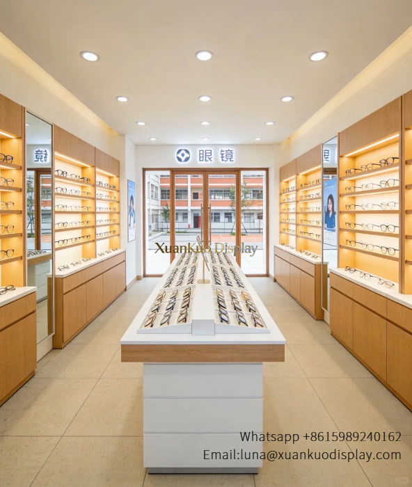 glass jewellery display cabinets wood white custom eyewear display furniture backlit wall shelf for optical shop