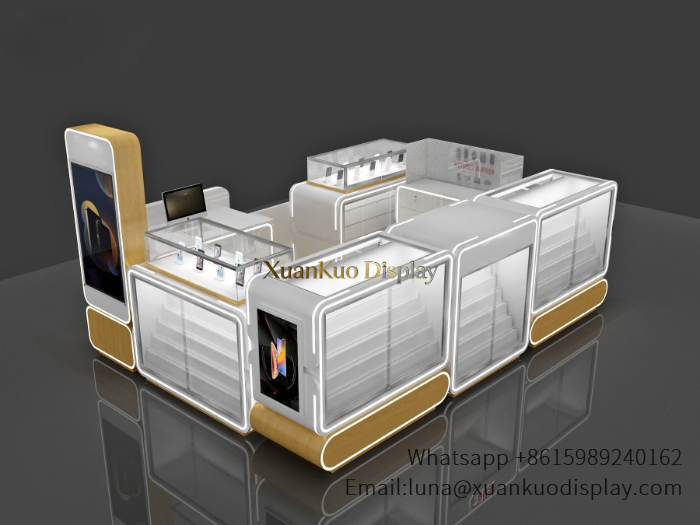Cell Phone Kiosk | Wood White LED Full Display Furniture Retail Booth For Shopping Mall Mobile Shop wood white led cell phone kiosk shopping mall mobile accessory display booth with advertising screen