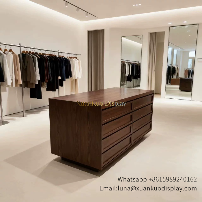 Wooden Clothing Shop Cabinet Dark Wood Grain Multi-Drawer Central Display Island For High-End Apparel Boutique wooden clothing shop cabinet wood grain display island