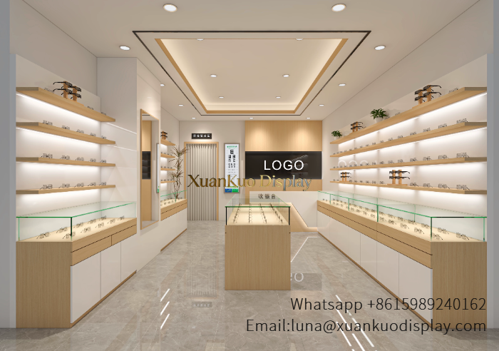 jewellery shop interior design Vietnam wooden optical shop cabinet light wood backlit wall shelf