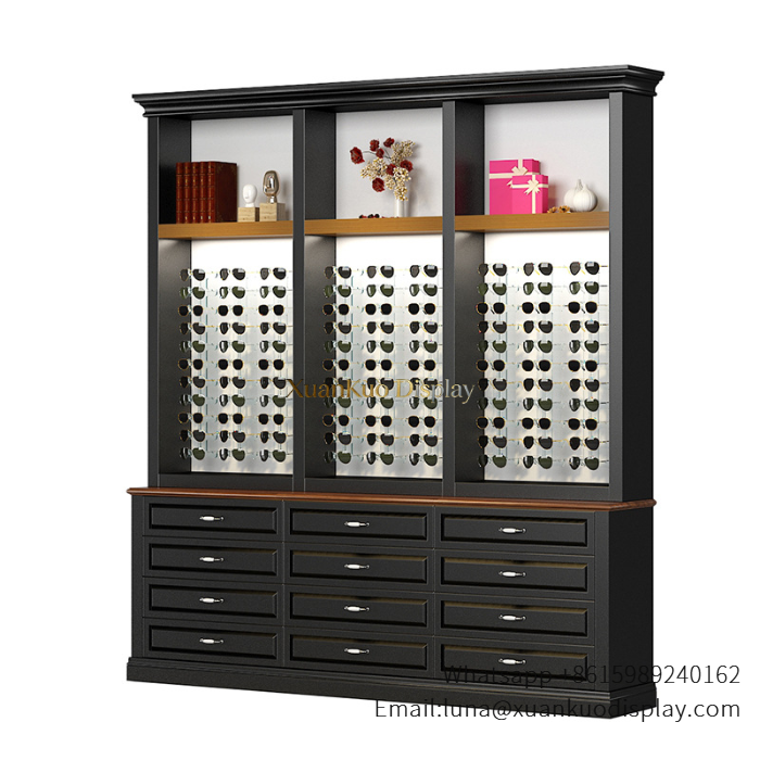 Wooden Optical Shop Cabinet Dark Wood Slotted Eyewear Wall Showcase With Drawer Storage Base