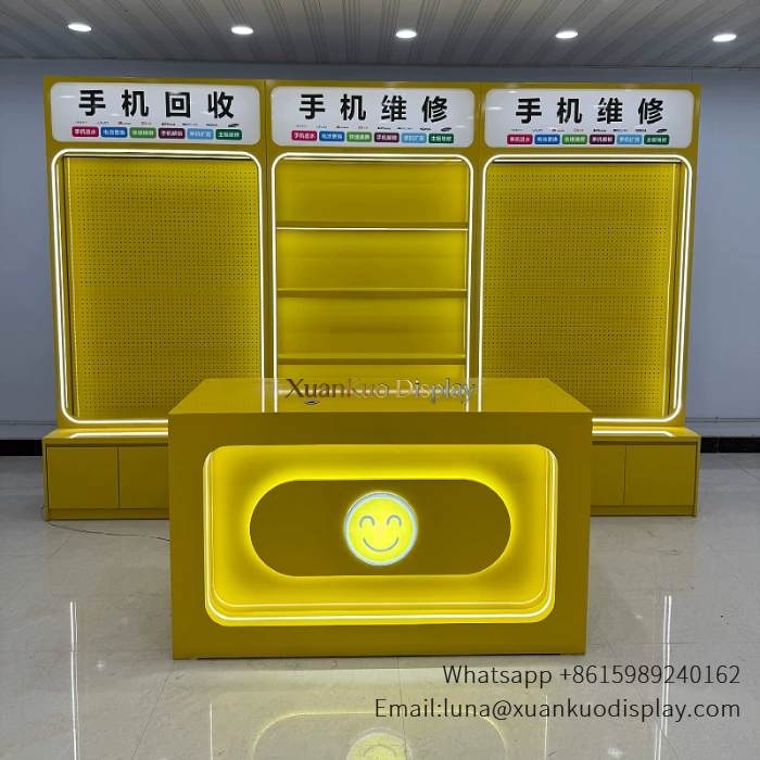 yellow led lit phone accessories display rack wall mounted slatwall showcase
