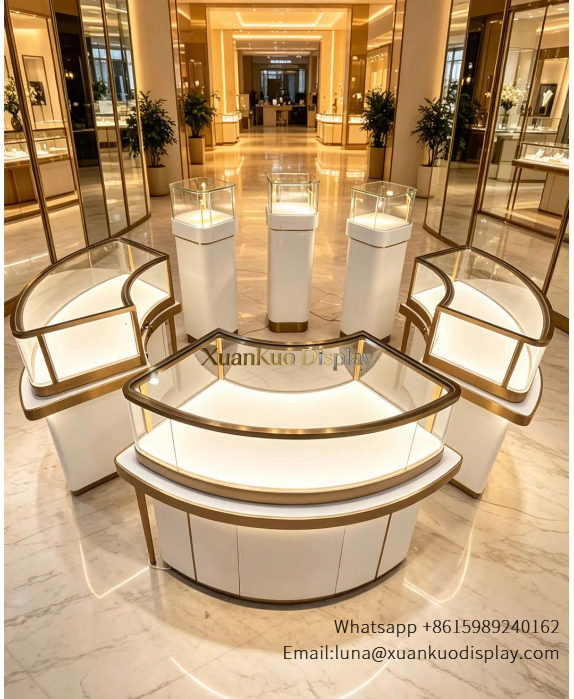 jewellery shop interior design Vietnam curved‑jewelry‑display‑counter‑white‑gold‑frame‑led‑jewellery‑island‑showcase