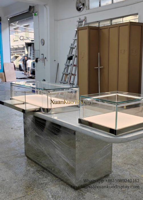 glass jewellery display cabinets Custom desktop glass display box built with LED light and stainless steel frame.