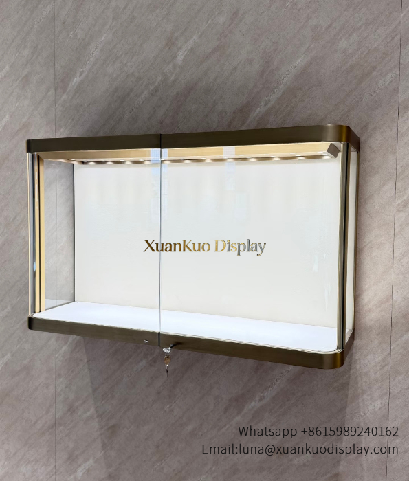 Luxury wall-hung glass showcase with LED spotlights and lockable tempered glass door. 