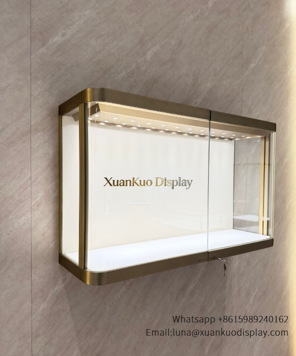 This wall-hung glass showcase saves valuable floor space for high-end jewellery and watch boutiques.