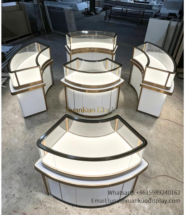 glass jewellery display cabinets xuankuo‑display‑luxury‑curved‑jewelry‑display‑counter‑set‑gold‑trim‑led‑island‑jewellery‑showcase