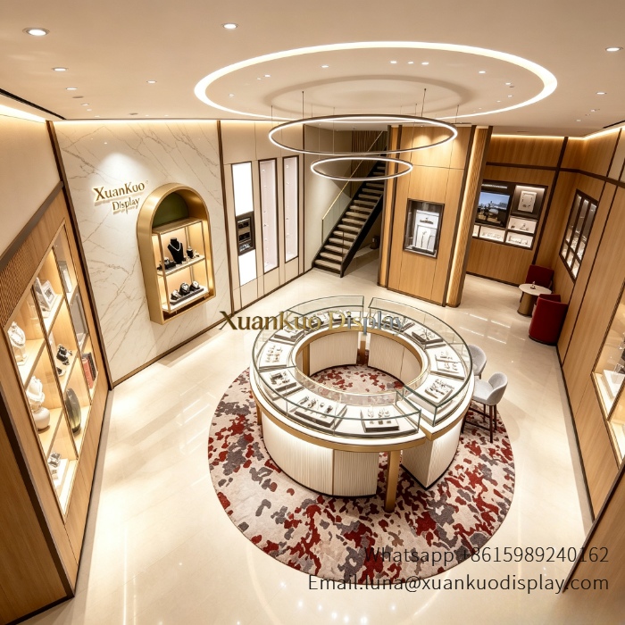 Wall mounted arched gold jewelry showcase with secure lock system and soft LED illumination for luxury jewellery store wall display